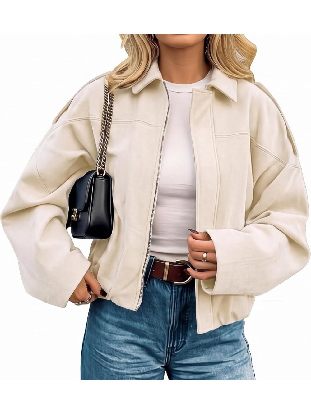 Women’s Beige Faux Suede Cropped Open Front Lapel Pocket Coat Bomber Jacket